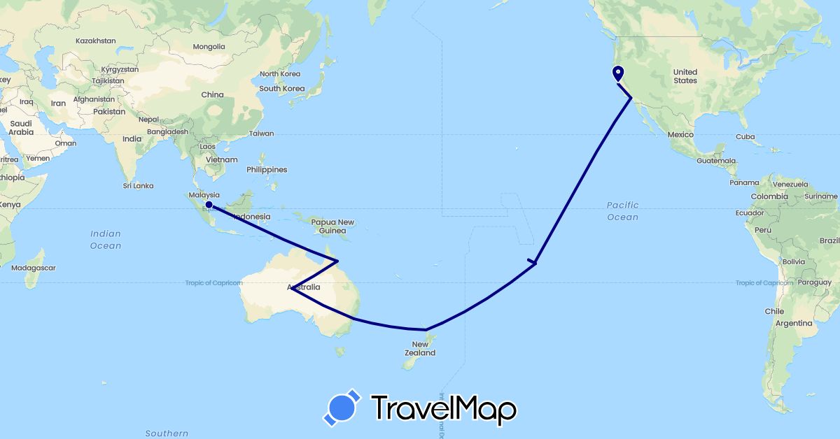 TravelMap itinerary: driving in Australia, France, New Zealand, Singapore, United States (Asia, Europe, North America, Oceania)